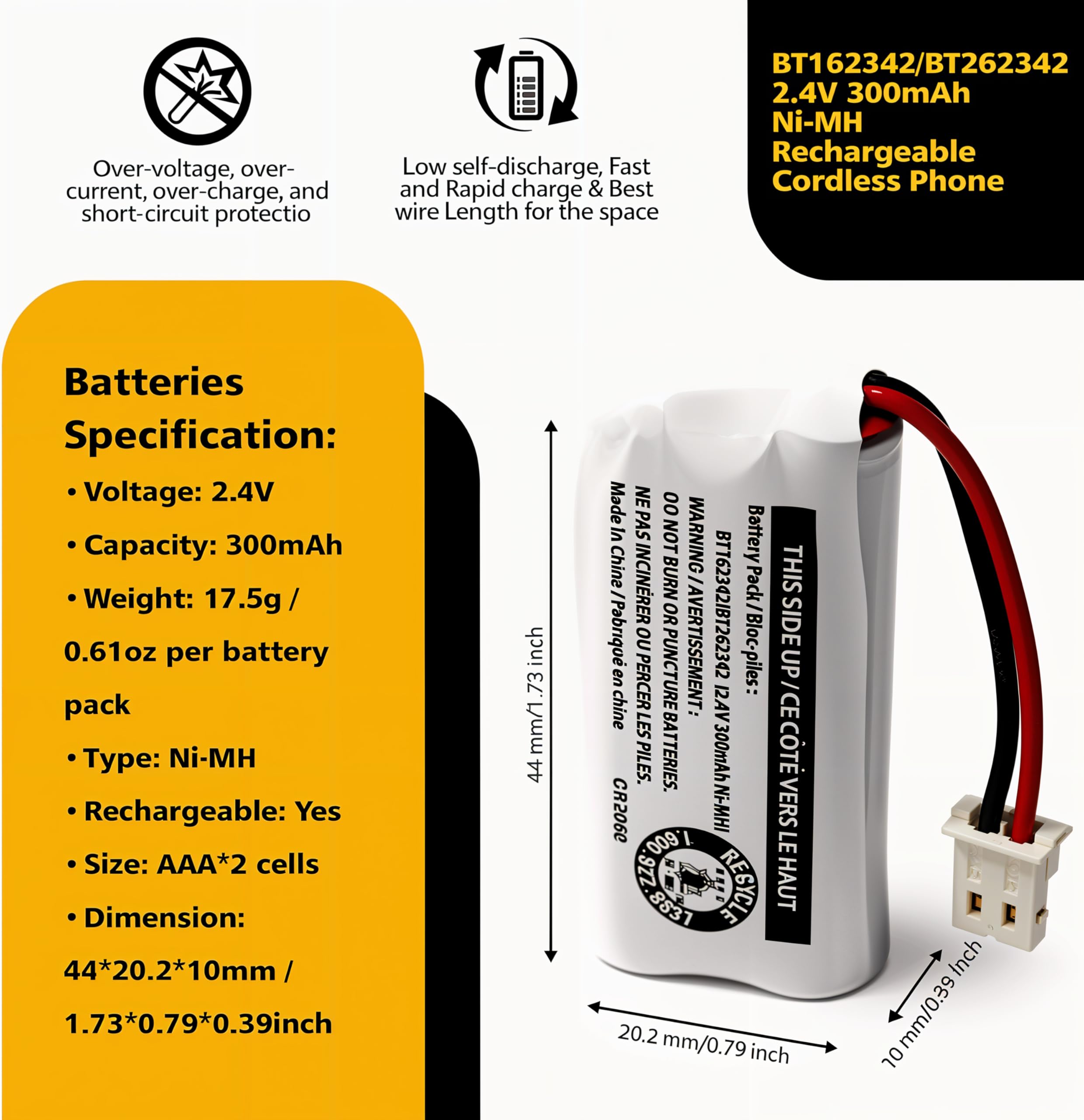 2-Pack BT162342/BT262342 2.4V Battery Packs for VTech Cordless Phone