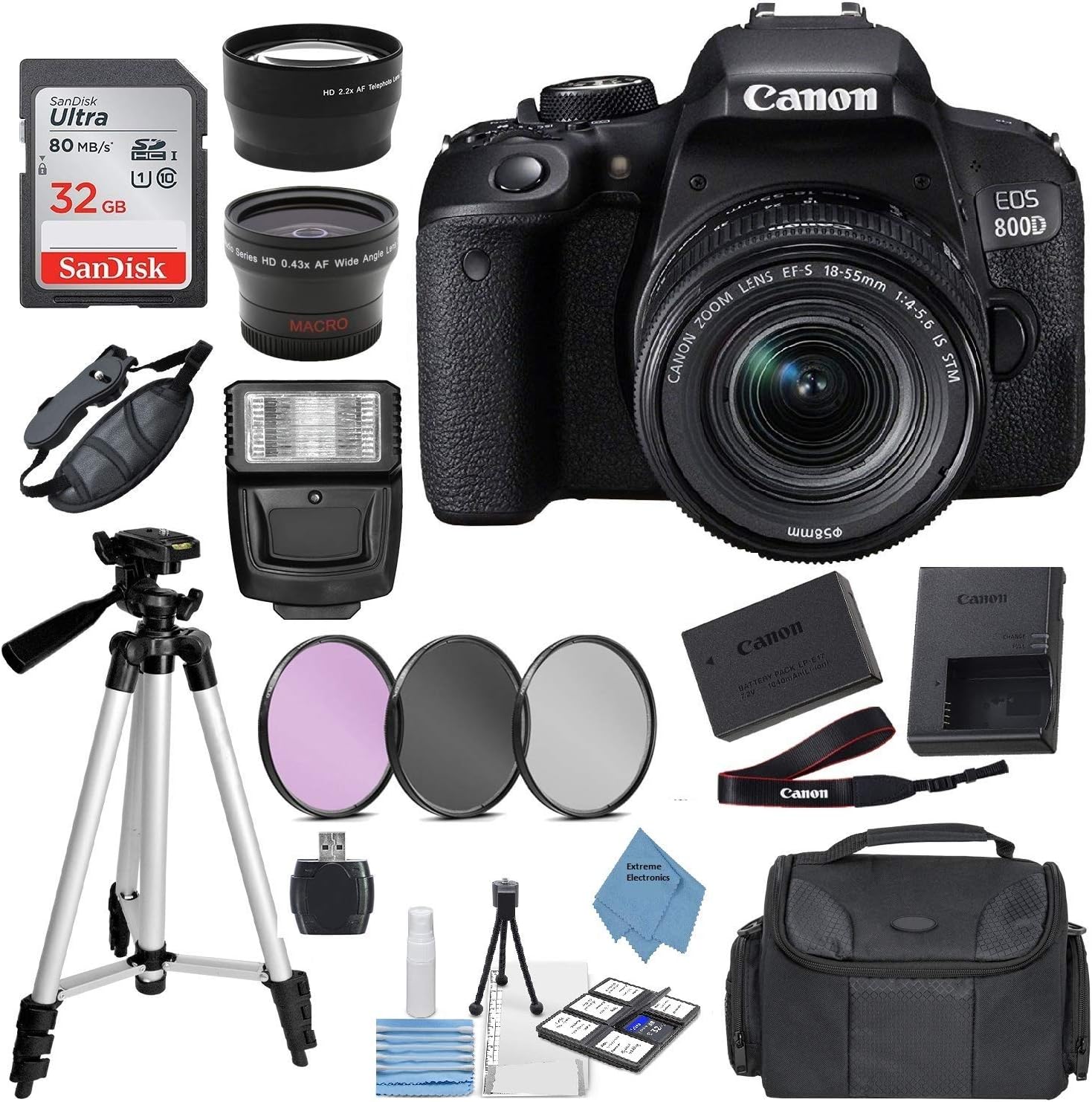 Canon EOS Rebel 800D (T7i) DSLR Camera w/ 18-55mm Lens(Black) with Accessory Bundle, Package Includes: SanDisk 32GB Card + DSLR Bag + 50โโ Tripod+Extreme Elec Cloth (International Model)