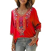 Mexican Shirts Peasant Blouses Bohemian Embroidered Tops Boho Clothes for Women (US, Alpha, 2X-Large, Regular, Regular, red-328)