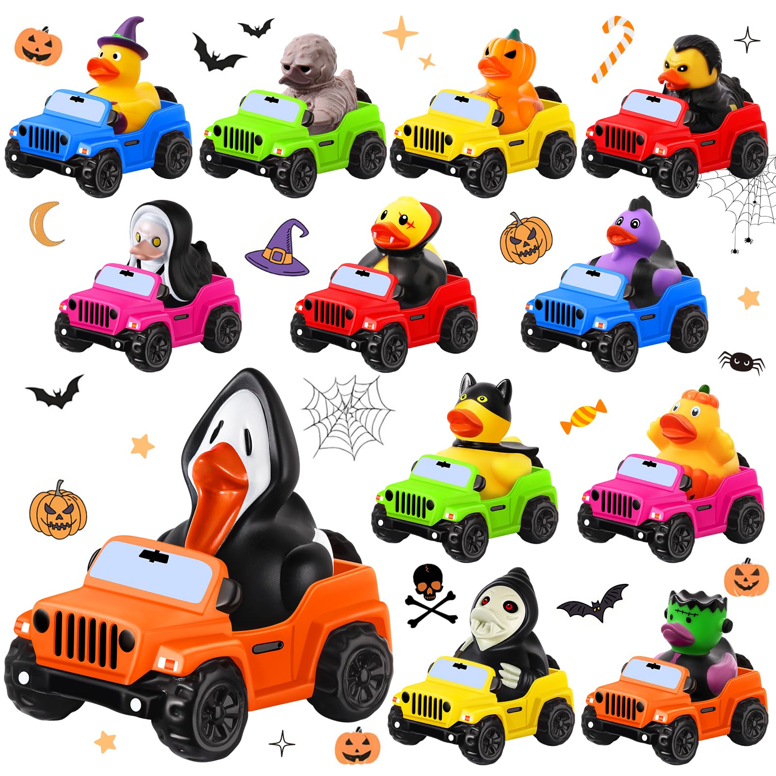 Photo 1 of 24 PCS Halloween Ducks for Jeeps, Halloween Party Favors, Bulk Halloween Rubber Ducks for Jeep Ducking, 12 Ducks with 12 Cars Toys for Kids Goodie Bag Stuffers Non Candy Treats Prizes Gifts Bath Toys