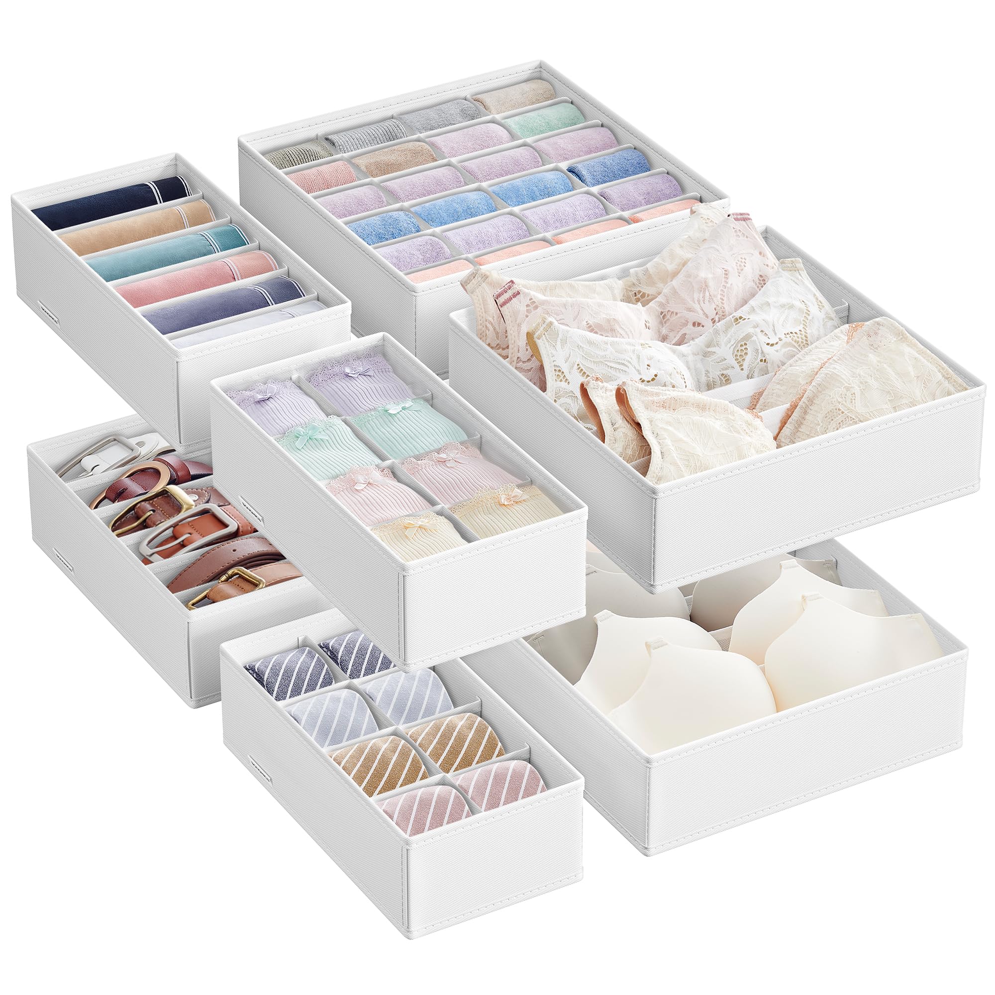 SONGMICS Set of 8 Underwear Drawer Organisers, Drawer Dividers, Foldable, for Bras Undies Socks Ties, Fabric Storage Boxes for Closet Wardrobe Shelves, Cloud White RUS008W01