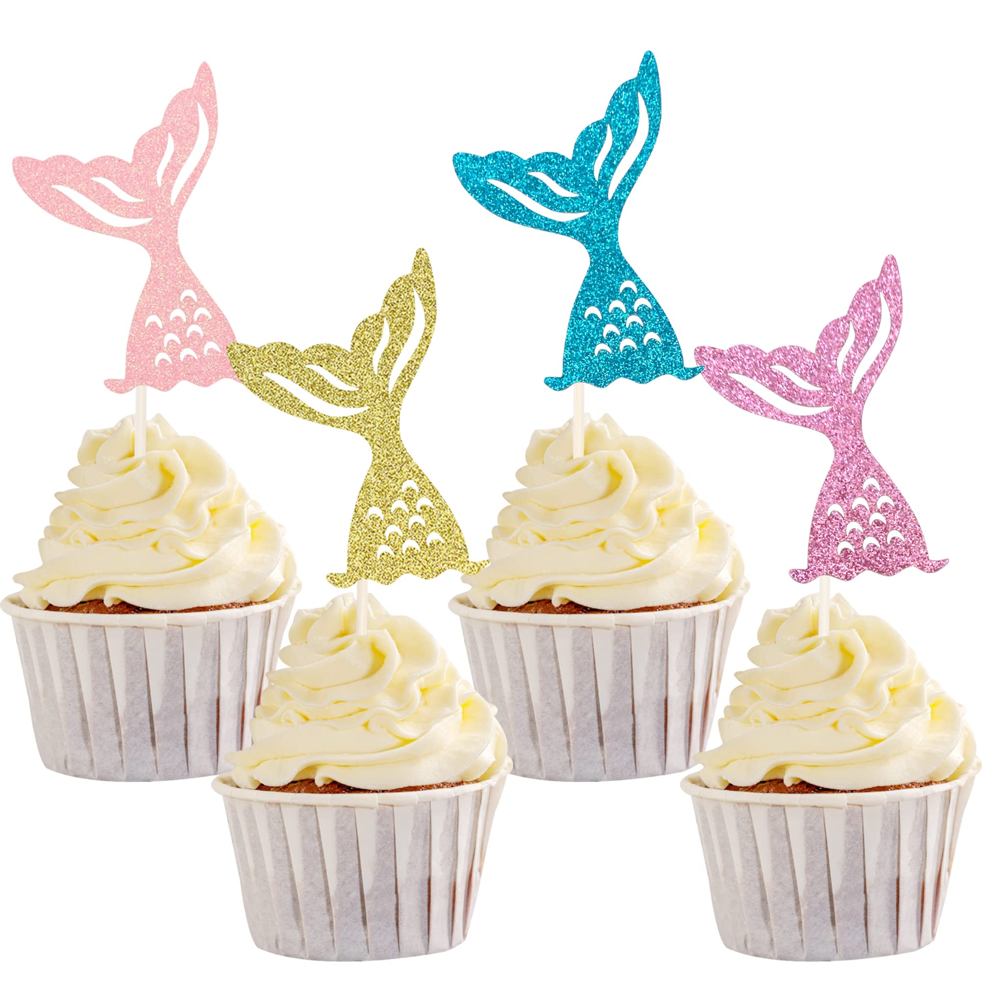 SYKYCTCY 36 Pack Mermaid Tail Cupcake Toppers Glitter Mermaid Tail Cupcake Picks for Baby Shower Under The Sea Party to be Used as Under Party Cake Decorations Supplies