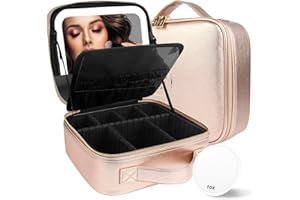 MOMIRA Travel Makeup Bag Cosmetic Bag Makeup Organizer Bag with Lighted Mirror, Adjustable Brightness in 3 Color Scenarios, Waterproof Makeup Train Case, Gift for Women - Champagne