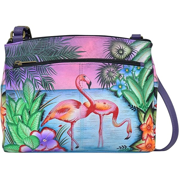 Anuschka Bandolera Organizadora De Cuero Genuino Para Mujer Con Protección RFID, Obra De Arte Original Pintada A Mano, Jardín Bleu