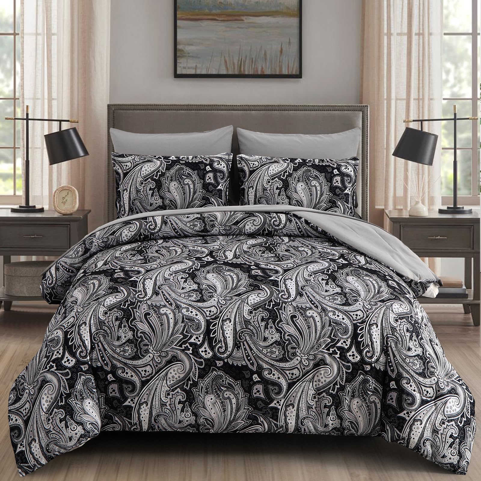 Photo 1 of DJY Black Paisley Comforter Set Full Size 7 Piece Bed in a Bag Black and Grey Boho Paisley Pattern Comforter Set Soft Lightweight Microfiber Reversible Bedding Set for All Season