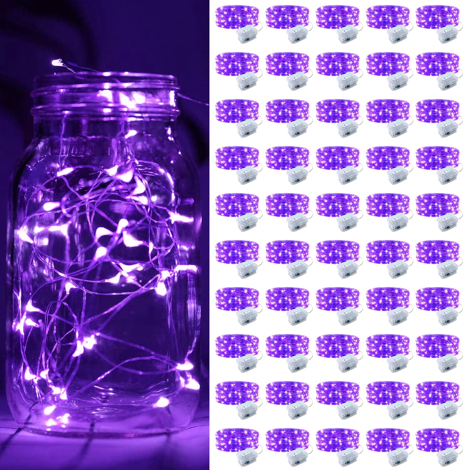 ZGWJ 50 Pack Fairy Lights Battery Operated, 7ft 20 Mini LED Fairy String Lights Silver Wire 3 Modes for DIY, Parties, Wedding, Bedroom, Halloween Christmas Decoration Purple Image