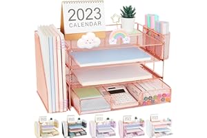 OPNICE Desk Organizers and Accessories, Desk Organizer with Drawer, 4-Tier Paper Tray Organizer with 2 Pen Holders + File Holder, Office Desk Accessories for Office Supplies(Rose Gold)