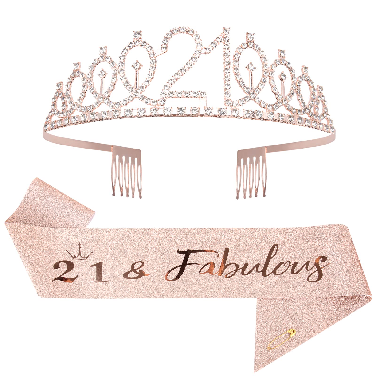 Mikccer Rose Gold 21st Birthday Sash and Tiara - Rhinestone Crown Headband for Gifts, Decoration Party Accessories for Girls Women