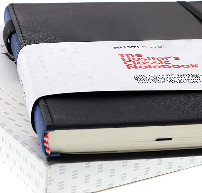 Thick Hardcover Notebook Journal A5 Black by HUSTLE Co | College Ruled/Lined Pages | 120gsm Fountain Pen Friendly Paper for Writing/Work| Pen Holder, Pocket | Journal to Write In for Men & Women