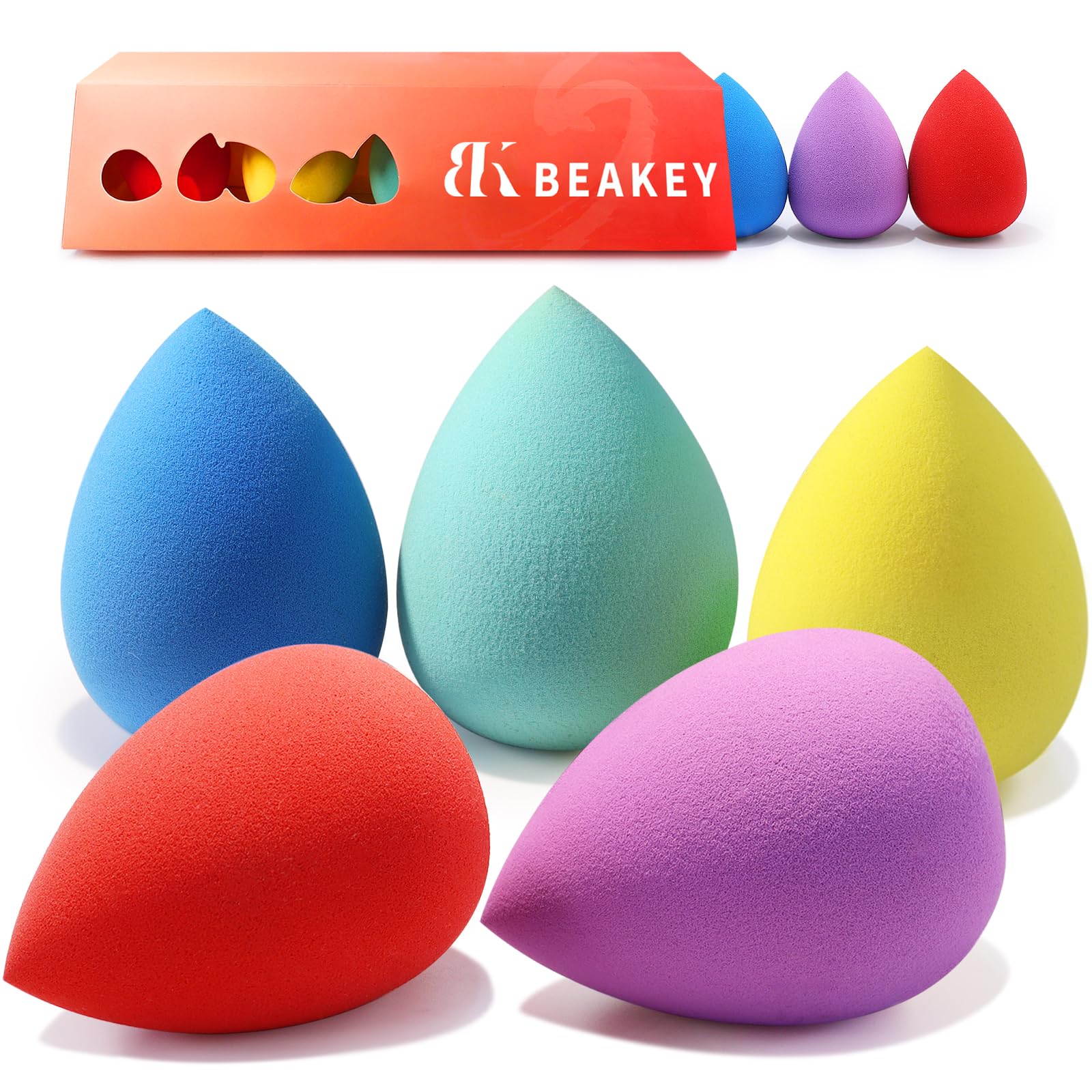 BEAKEY Makeup Sponges 5 Pcs, Non-Latex, Blender Beauty Soft Foundation Sponge, High Density Makeup Sponge for Foundation, Liquid, Creams and Powders (Multi-Color)