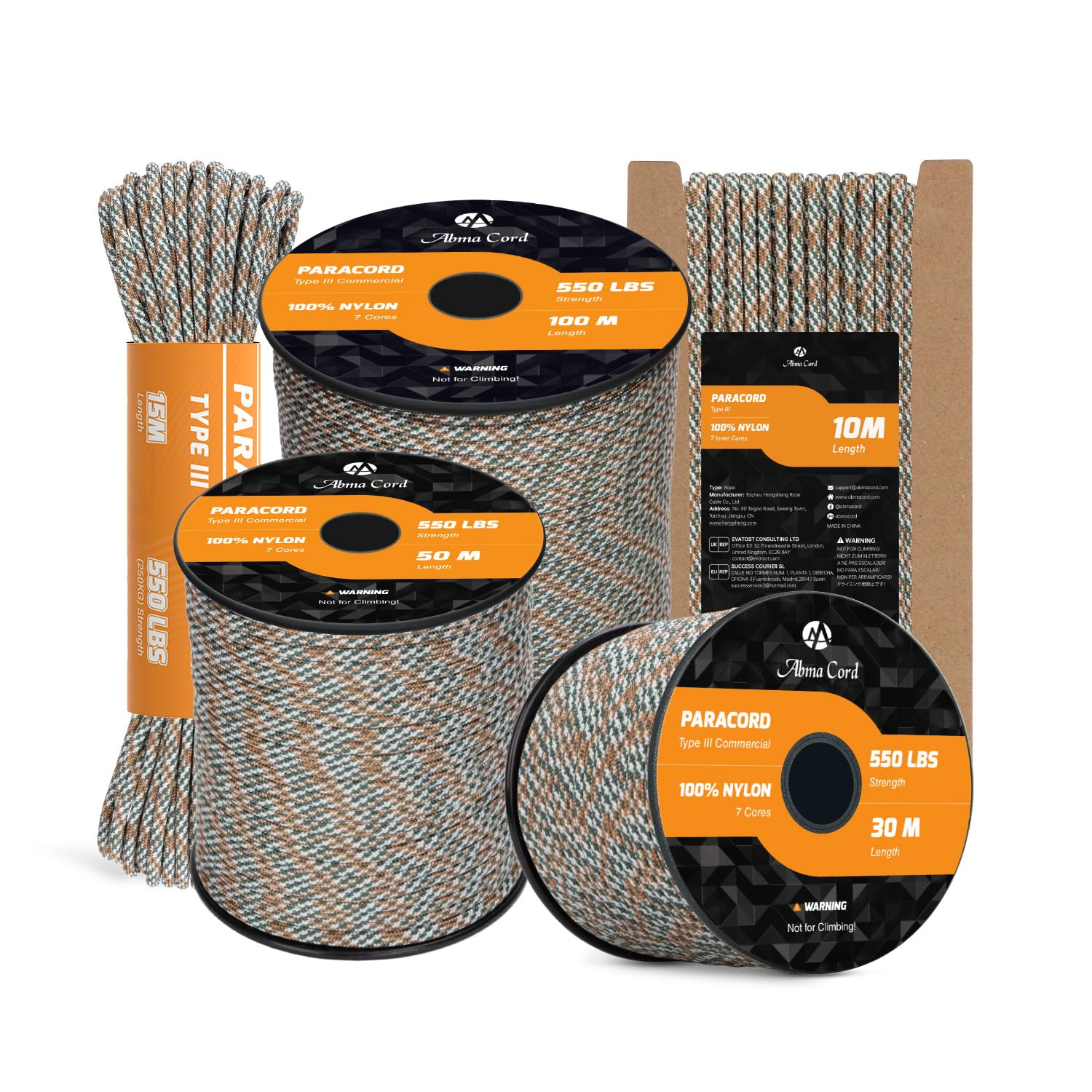 Abma Cord Paracord 550 4mm 50m 100% Nylon Rope Type III 7 Strands Parachute Cord for DIY, Camping, Survival, Outdoor - Max. 250kg - Honor