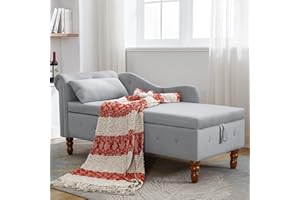 HomJoones Tufted Upholstered Velvet Rolled Arm Chaise Lounges Indoor Chair, Right Arm Facing Chaise Lounge with Nailhead Trim and 1 Pillow,for Living Room Bedroom Office (Grey)