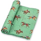 LollyBanks Swaddle Blanket, 100% Cotton Muslin Swaddle Blankets, Neutral Swaddle Blanket 47 x 47 Inches, Baby Blanket for Boys and Girls, Baby Essentials, Registry (Horse Racing Print)