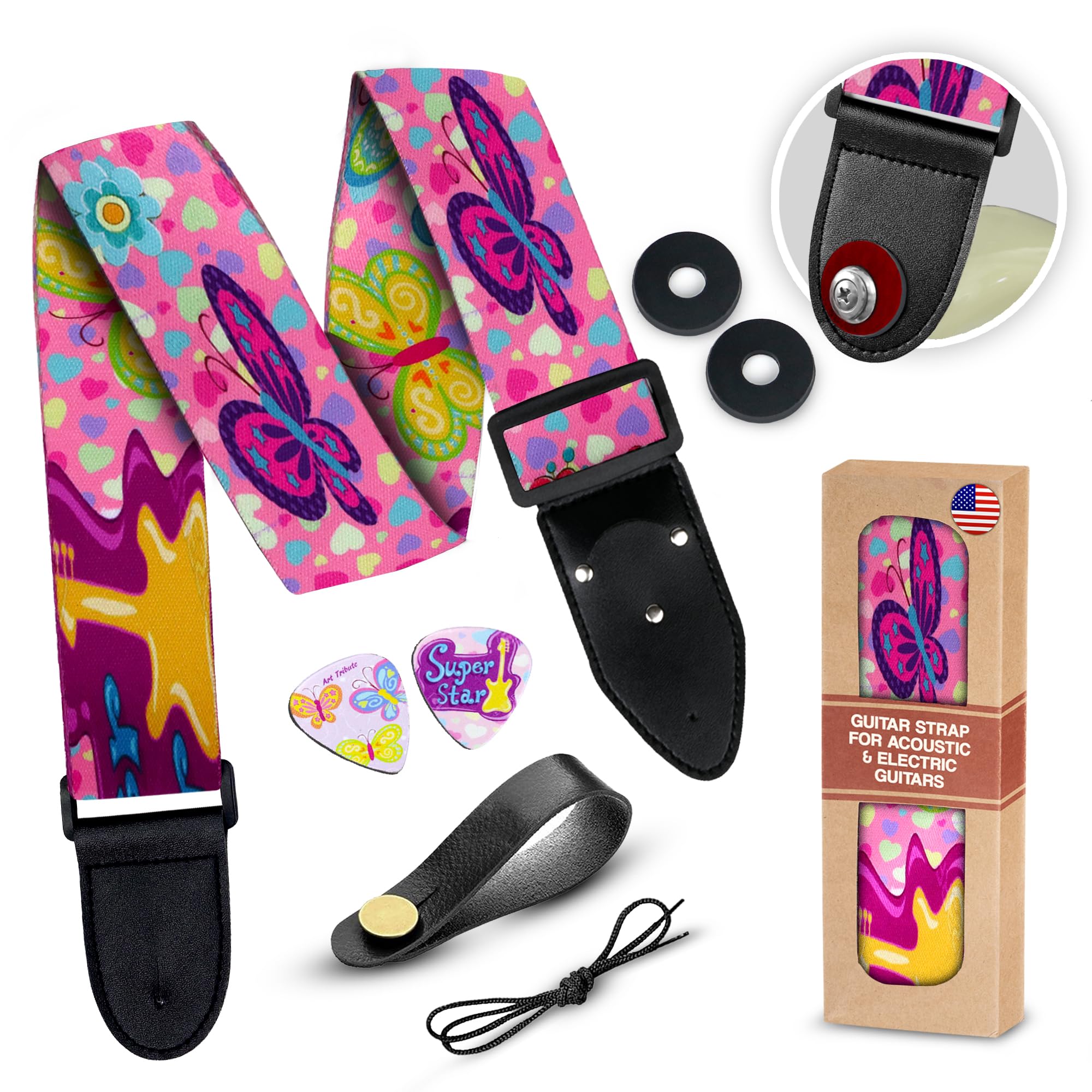 Art Tribute Unisex's Gstrap02 Guitar-Straps, Butterfly Pink, Non Personalized