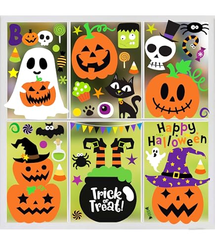 Lot De 4 Autocollants Gel Halloween - Citrouille, Fantôme, Chauve-souris, Pour Fenêtres, Miroirs, Vitres - 10
