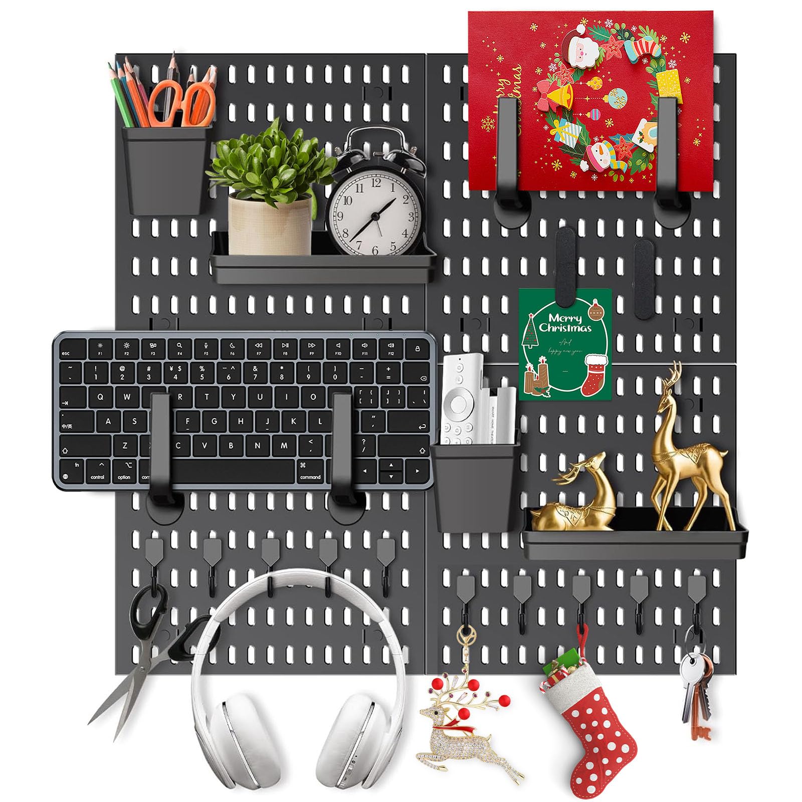 Caossuixin 24 IN 1 Pegboard Combination Kit, Wall Organiser with 4 Tiles 30x30cm Pegboards with 22 Pieces Accessories for Room Storage, Crafts Organization, Ornaments Display, Peg Board (Black)