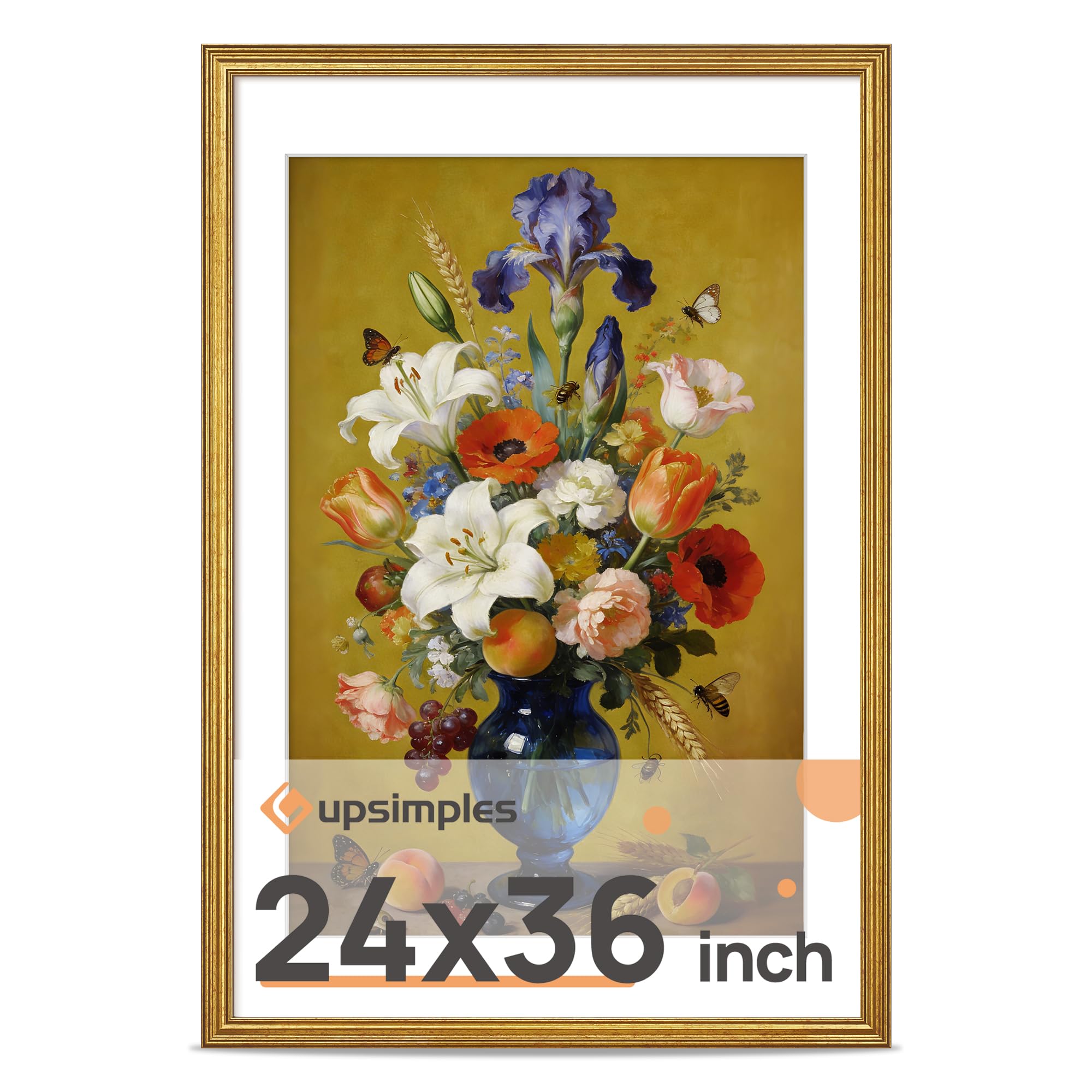 upsimples Vintage 24x36 Poster Frame, Antique Gold Frames Display 20x30 with Mat or 24x36 Without for Vertical or Horizontal Wall Decor, 1pack