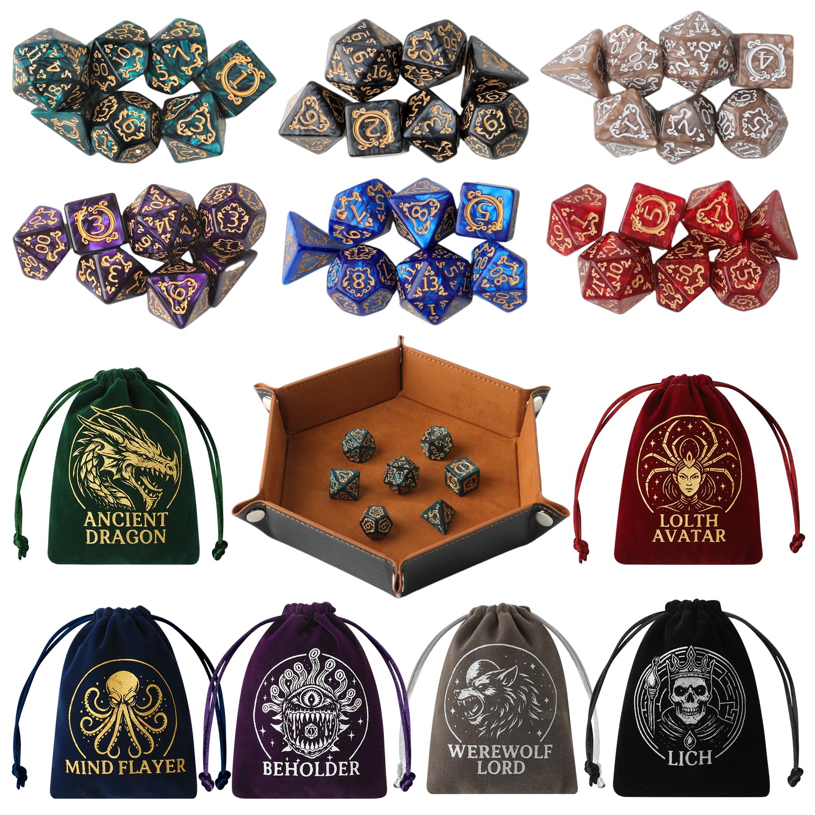 Grajar Vintage Boss Totem 42 Piece Polyhedral Dice Set with 6 Color Matched Velvet Boss Pouches & PU Leather Dice Tray for Dungeons & Dragons, RPG & Tabletop Games