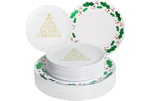 ISFANGCO ISFANCO 60 PCS Hard Plastic Christmas Plates Set for 30 Guests,Heavy Duty Plastic Party Disposable Plates-30 Dessert Plate with Gold Christmas Tree and Dinner Plate with Green and Red Holly Berry