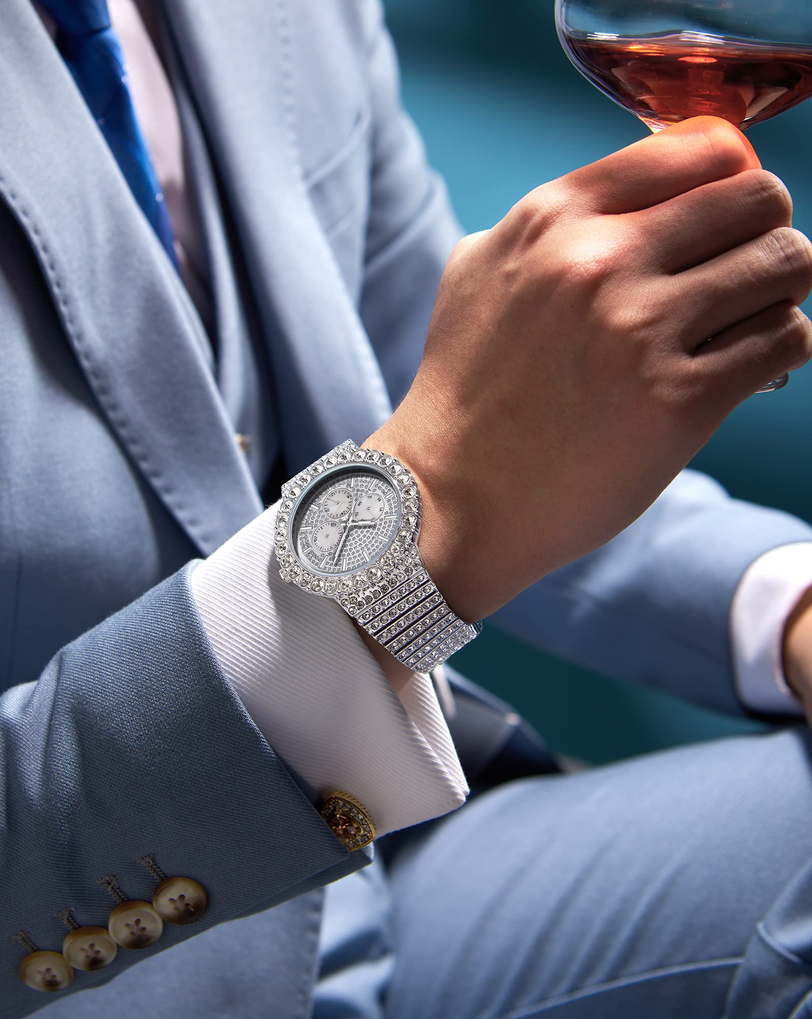 Men Diamond Watch Full Iced Out Quartz Analog Watches for Men Bling Hip Hop Stainless Steel Day Date Waterproof