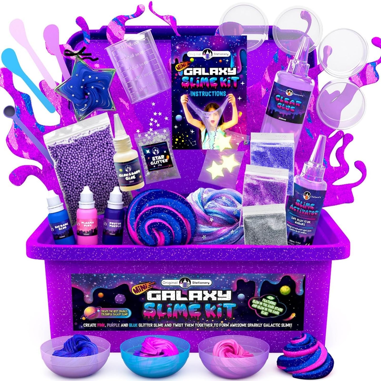 Original Stationery Mini Galaxy Slime Kit, Galactic Slime Set with Glow in The Dark Slime Glue and Galactic Glitter, Amazing Gift Ideas for Girls