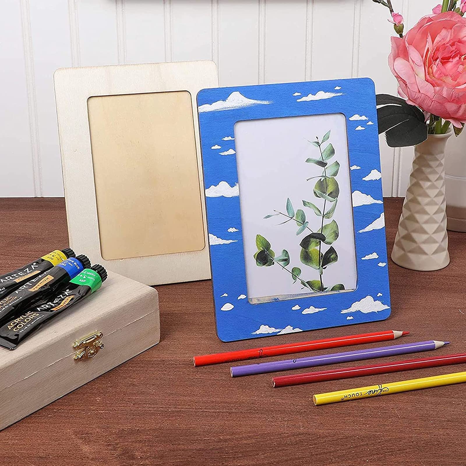 RYKOMO 6 PCS DIY Wooden Picture Frames Unfinished Solid Wood Photo Picture Frames for 4 x 6 in Photos, Standing Wooden Photo Frames for Crafts Wood, DIY Painting, Arts Projects (Rectangle)