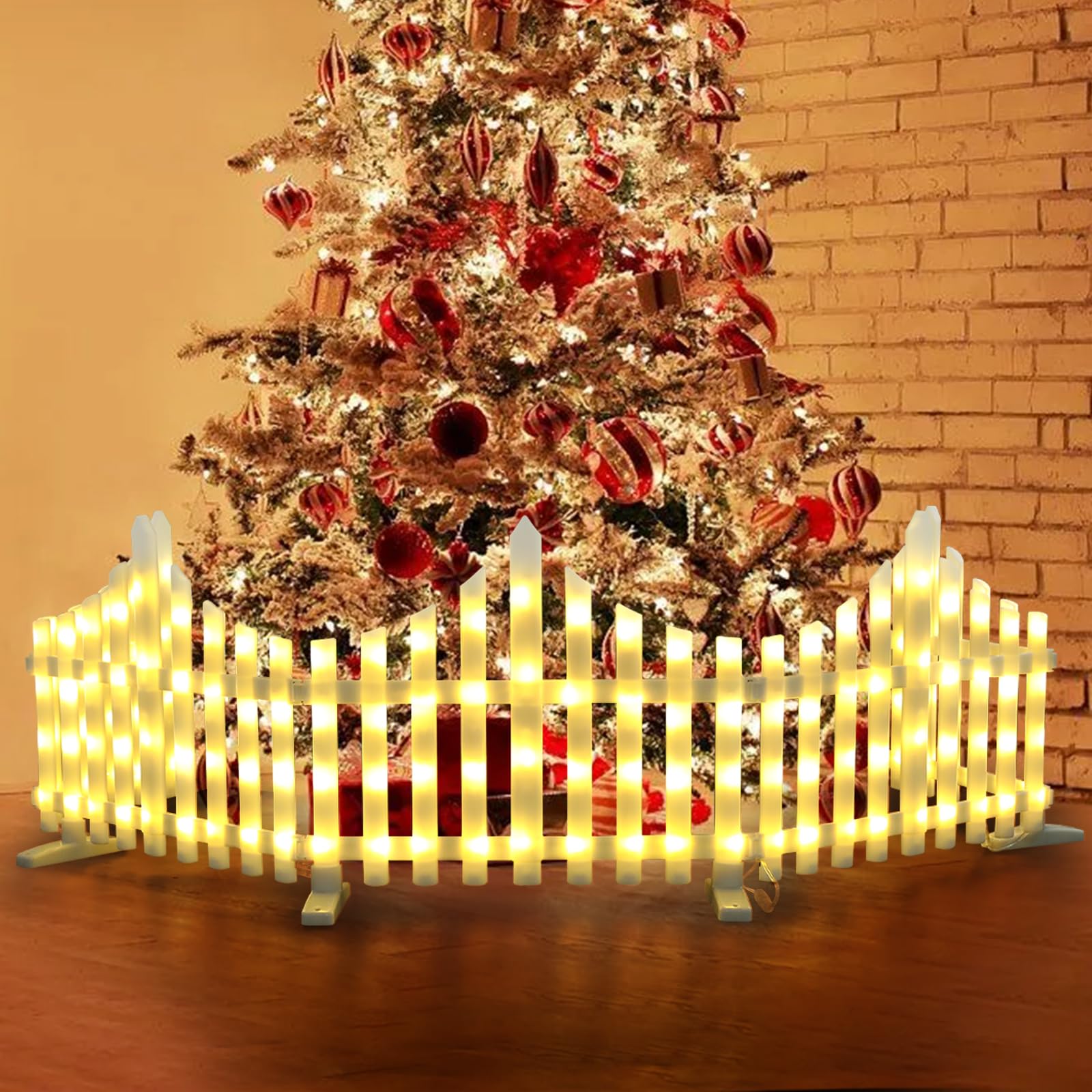 panthem LED Christmas Tree Fence, 5 Pack 1.75 Meter Lighted Christmas Decorative Fences White Plastic Picket 8 Modes DIY Connectable Garden Fence for Pets Christmas Tree