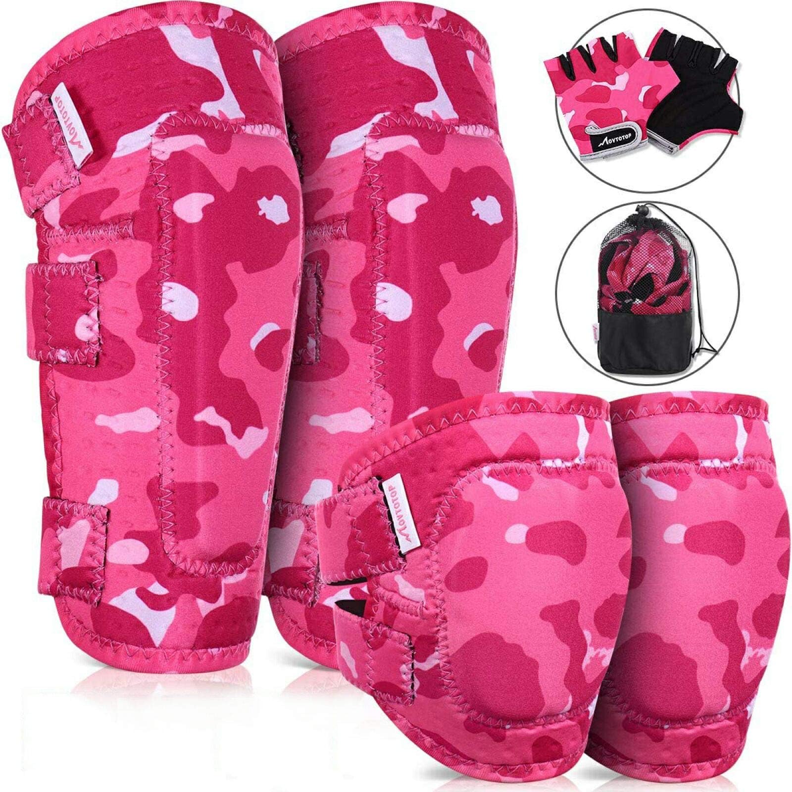 MOVTOTOP Knee Pads for Kids, Soft Kids Knee and Elbow Pads with Gloves Set-Reinforced Stitching Around, Toddler Sports Protective Gear with Mesh Bag for Kids Skateboard Rollerblading Bike Scoote