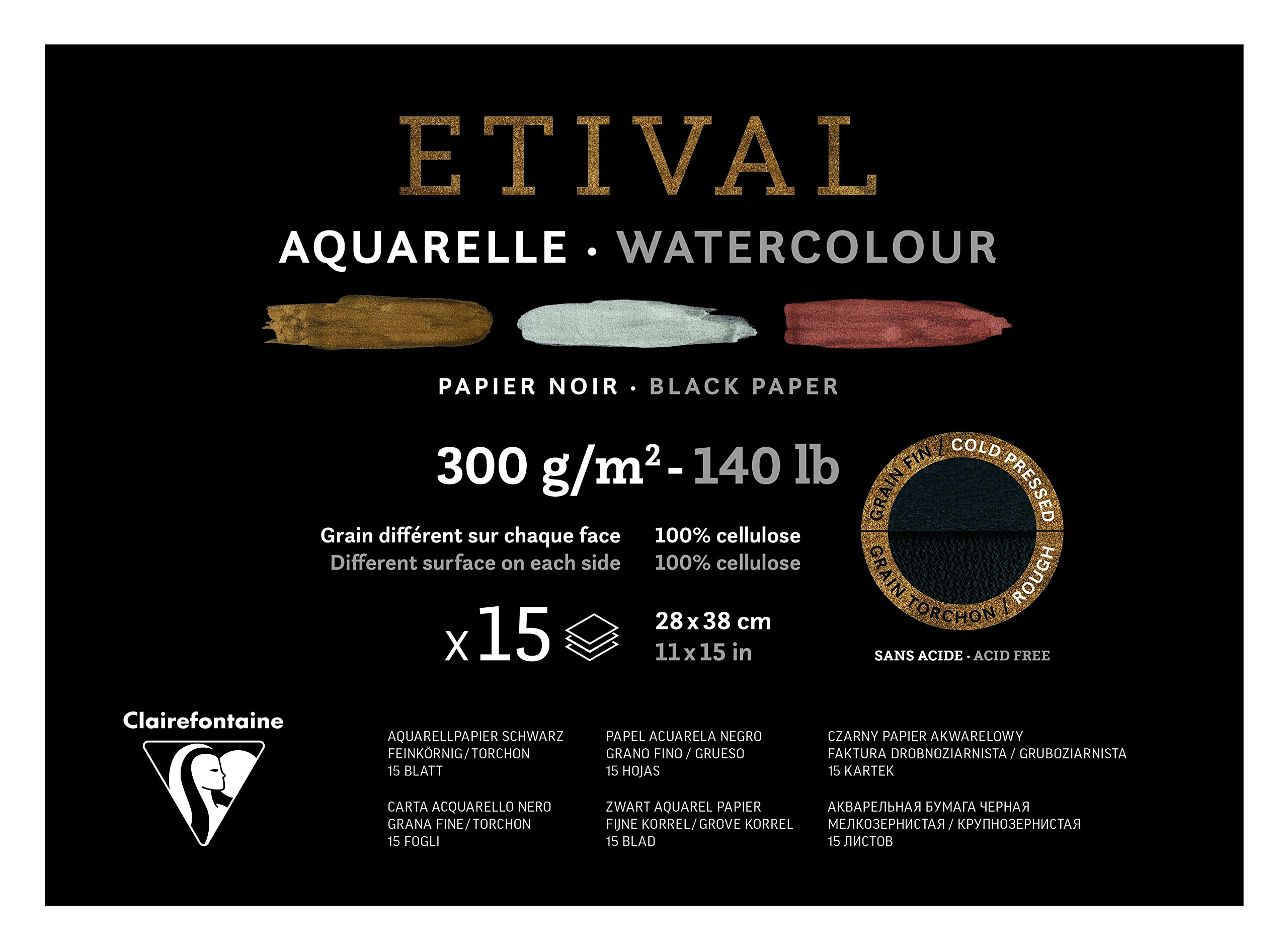Clairefontaine - Ref 975323C - Etival Cold Pressed Black Watercolour Painting & Drawing Pad (15 Sheets of Paper) - 28 x 38cm - 300gsm Cellulose Art Paper