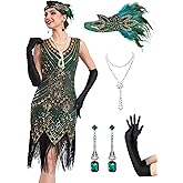 MTITE 1920s Flapper Dresses for Women, Great Gatsby Dresses Roaring 20s, Fringed Sequin Costume with Accessories Set