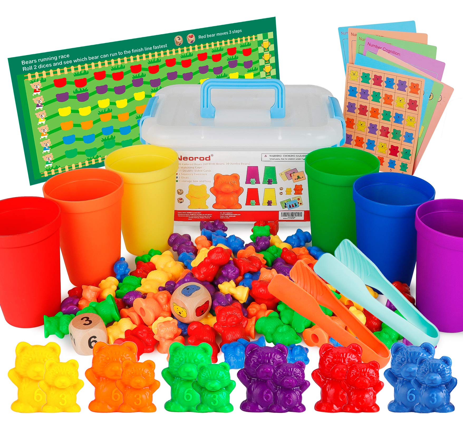 Photo 1 of *CUPS ONLY* NEOROD Rainbow Counting Bears with Matching Sorting Cups, Number Color Recognition STEM Educational Toddler Preschool Math Manipulatives Toy Set of 90, 2 Tweezers, 2 Dices, 12 Cards, Container