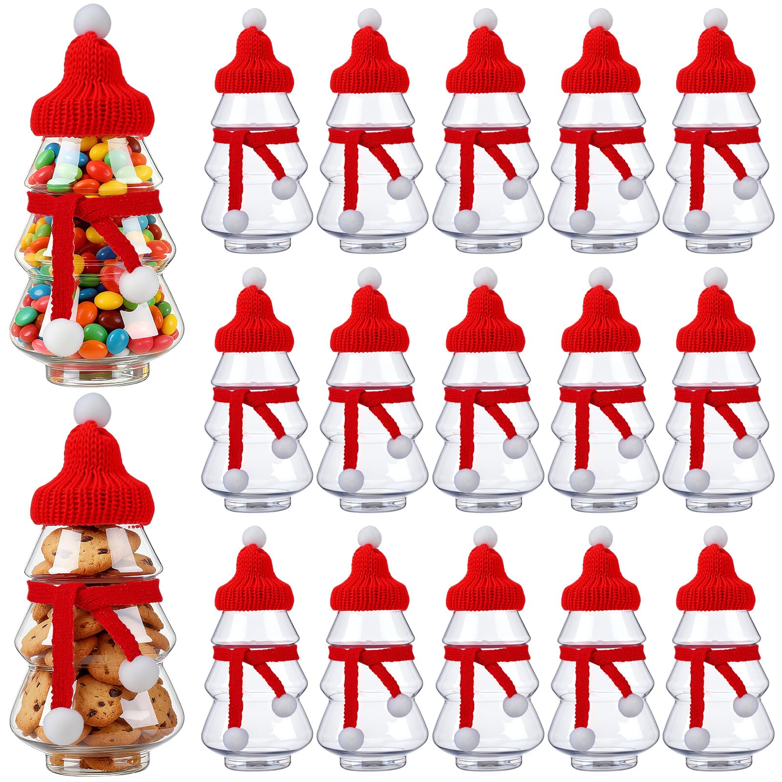 Photo 1 of Acellegic 16 Sets 16.2 oz Christmas tree Candy Jars with Mini Santa Hat and Scarves Decorative Clear Plastic Christmas Snack Cookie Container with Lids for Xmas Party Gift Stocking Stuffers