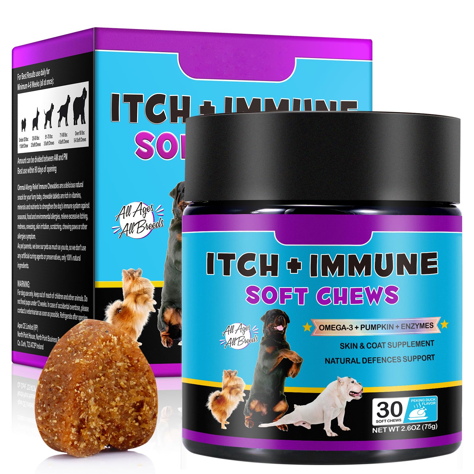 MINGYITUO Dog Allergy Relief Chews,(30 Chews),Itchy Dog Skin Relief Chews, Anti-Itch & Hot Spots, Stop Itching, Licking, Scratching, Seasonal Allergies,Peking Duck Flavor