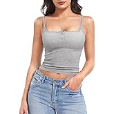 YEOREO Women's Ribbed Lace Square Neck Button Cami Tank Top