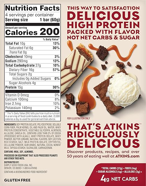 ATKINS HIGH PROTEIN BAR, BROWNIE DELIGHT, 4 BARS, 2.12 OZ (60 G) EACH