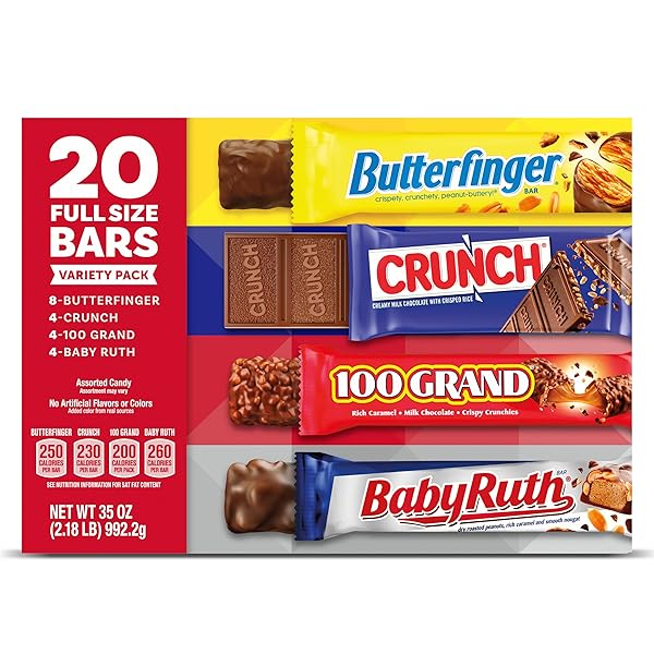 BUTTERFINGER, CRUNCH, BABY RUTH AND 100 GRAND, BULK 20 PACK, ASSORTED FULL SIZE CHOCOLATE CANDY BARS, 35 OZ