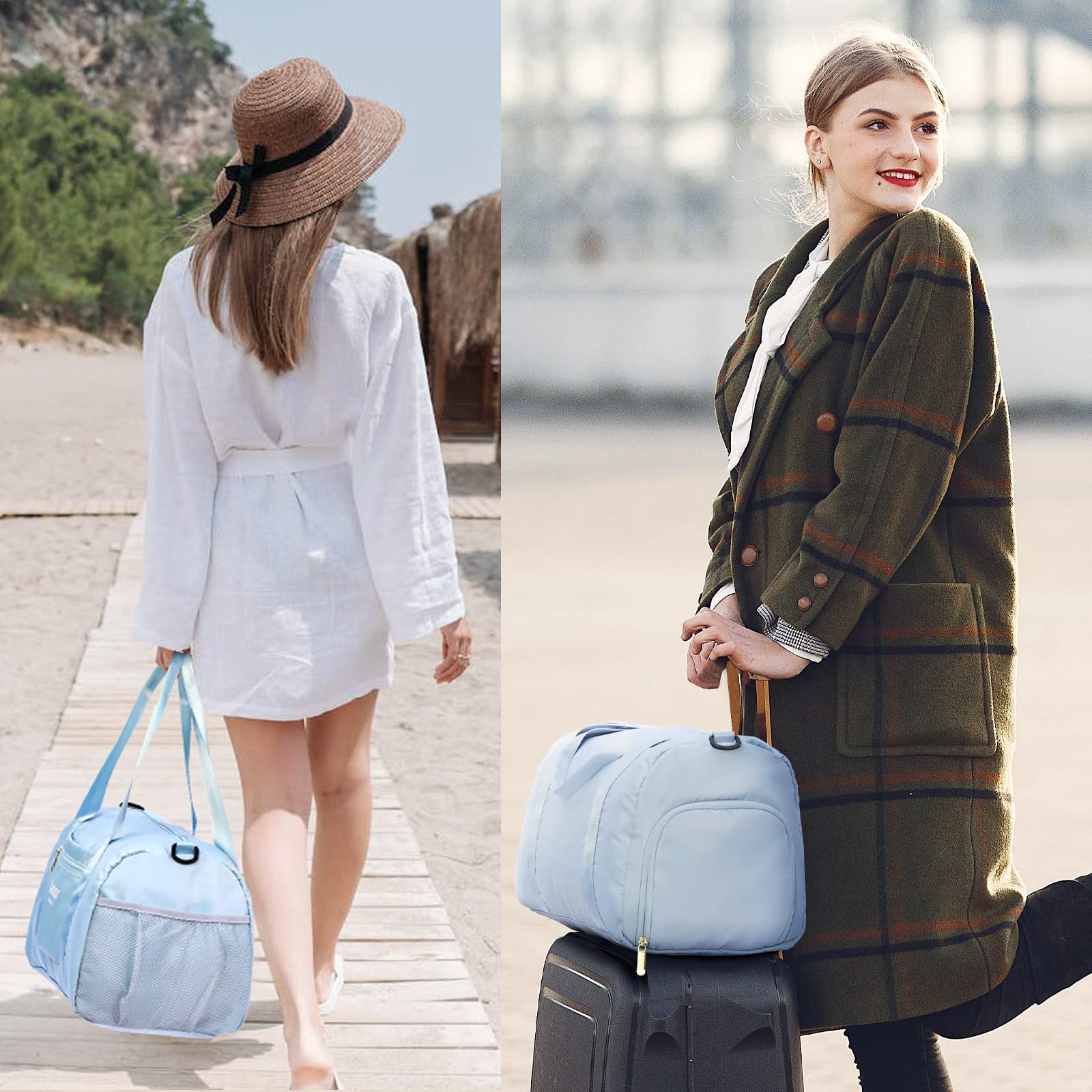 Gym Bag for Women with Shoe Compartment Waterproof, Sports Duffle Bag for Travel Duffel Weekender Carry on Beach Yoga Overnight Luggage Mommy Maternity Hospital Bag Blue 17.5 Inch