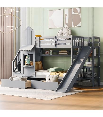 House Bed With Storage Merax Twin Over Twin Bunk Bed With Slide - Metal ...