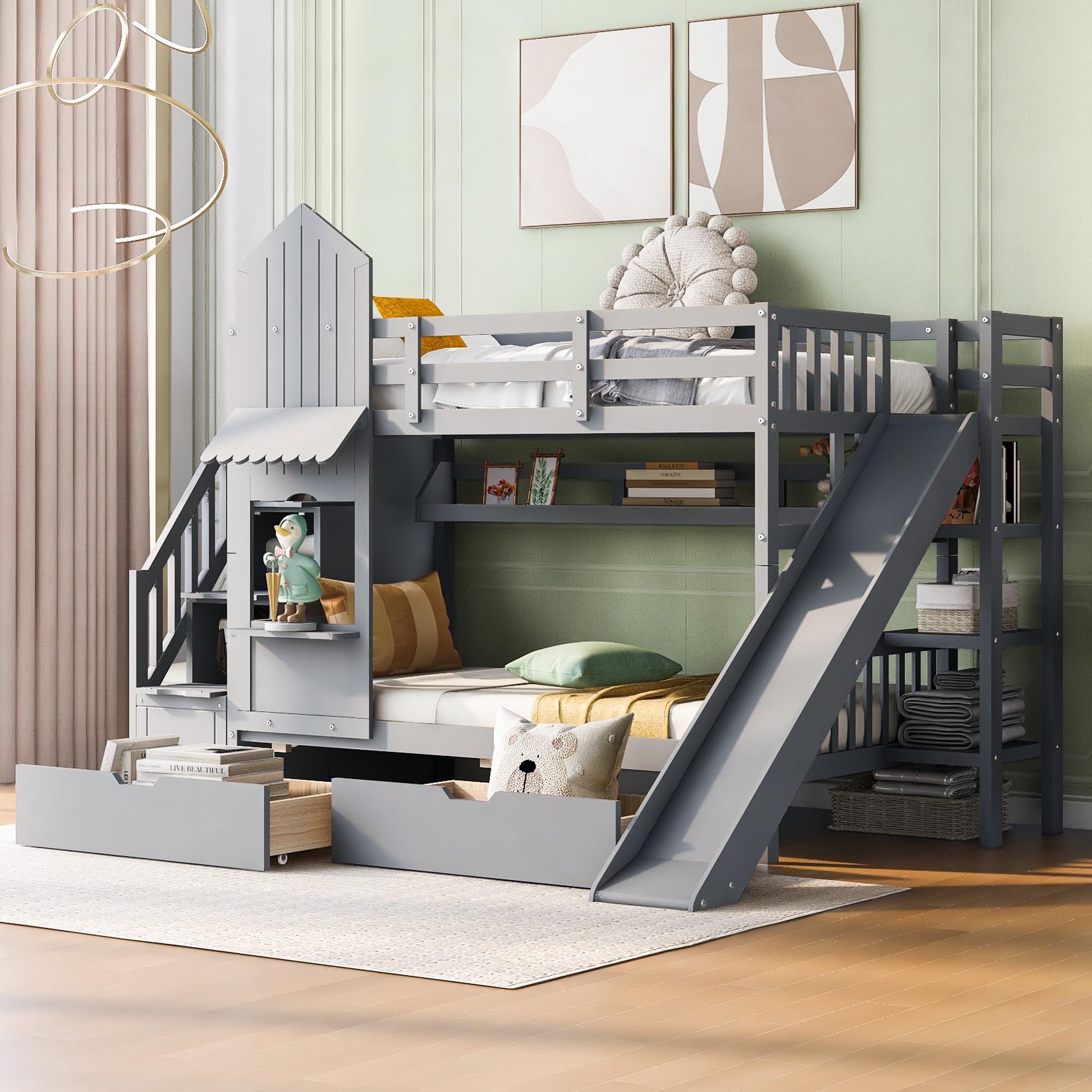 Photo 1 of *PARTIAL SET*
Twin-Over-Twin Bunk Beds Castle Style Bunk Bed with 2 Drawers 3 Shelves and Slide - Gray