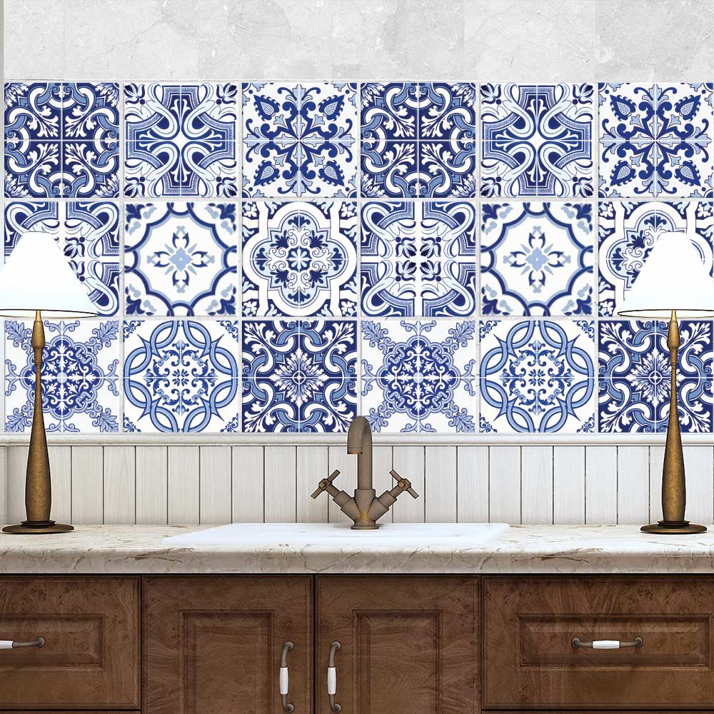 RE-COVERTILES - Tile Stickers for Bathroom and Kitchen 24 Pcs 10x10 cm - PS00093 Wall Decoration in Waterproof PVC Mosaic Tiles Style Azulejos Cement Tiles