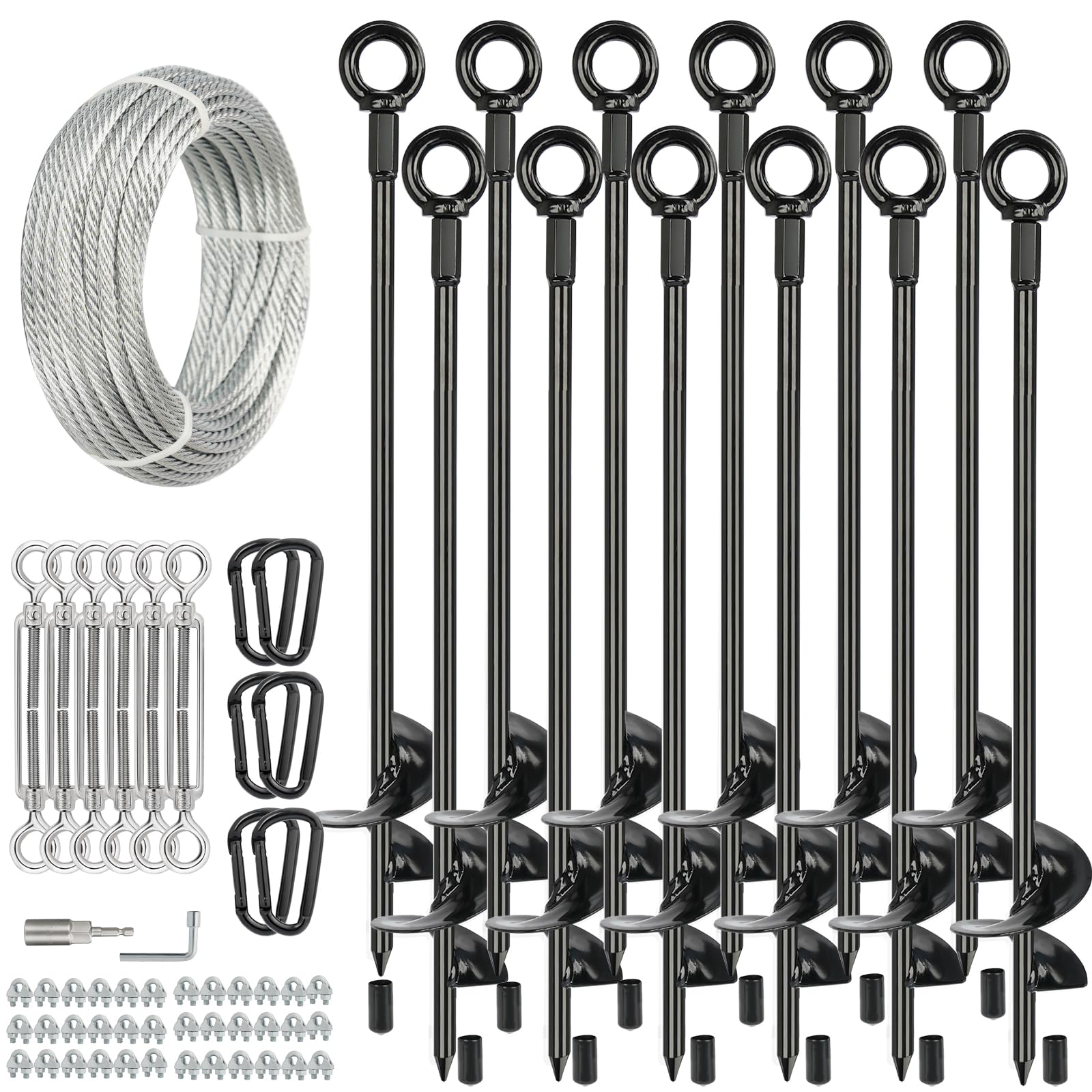 Photo 1 of hannger 12 Pcs 30" Long Ground Anchors Shed Anchors Kit with 3/16" Galvanized Cable & Turnbuckles & Carabiners, Heavy Duty Earth Anchors for Sheds Trees Trampoline Greenhouse Swing Set Tent.