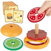 Vanmor Wooden Stacking Burger Montessori Blocks, Toddler Girl Play Food Toys 3-5 Years Old, Pretend Play Hamburger Puzzle | E