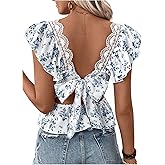 Women 2026 Fashion Spring Outfits Floral Boho Blouses Bow Tie Back Ruffle Sleeve Cute Vacation Lace Peplum Tops