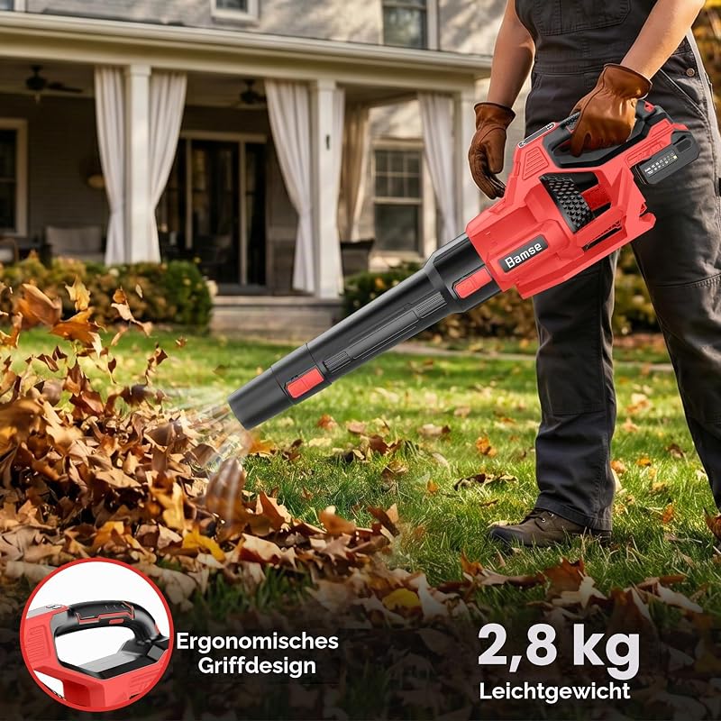 Laubbläser Akku 21V, Bamse Laubbläser mit 2 Akkus 4,0Ah mit 3 Geschwindigkeitsstufen, 2 Abnehmbare Blasrohre, Schultergurt Kabellos Laubbläser für Garten und Außenreinigung, Rot