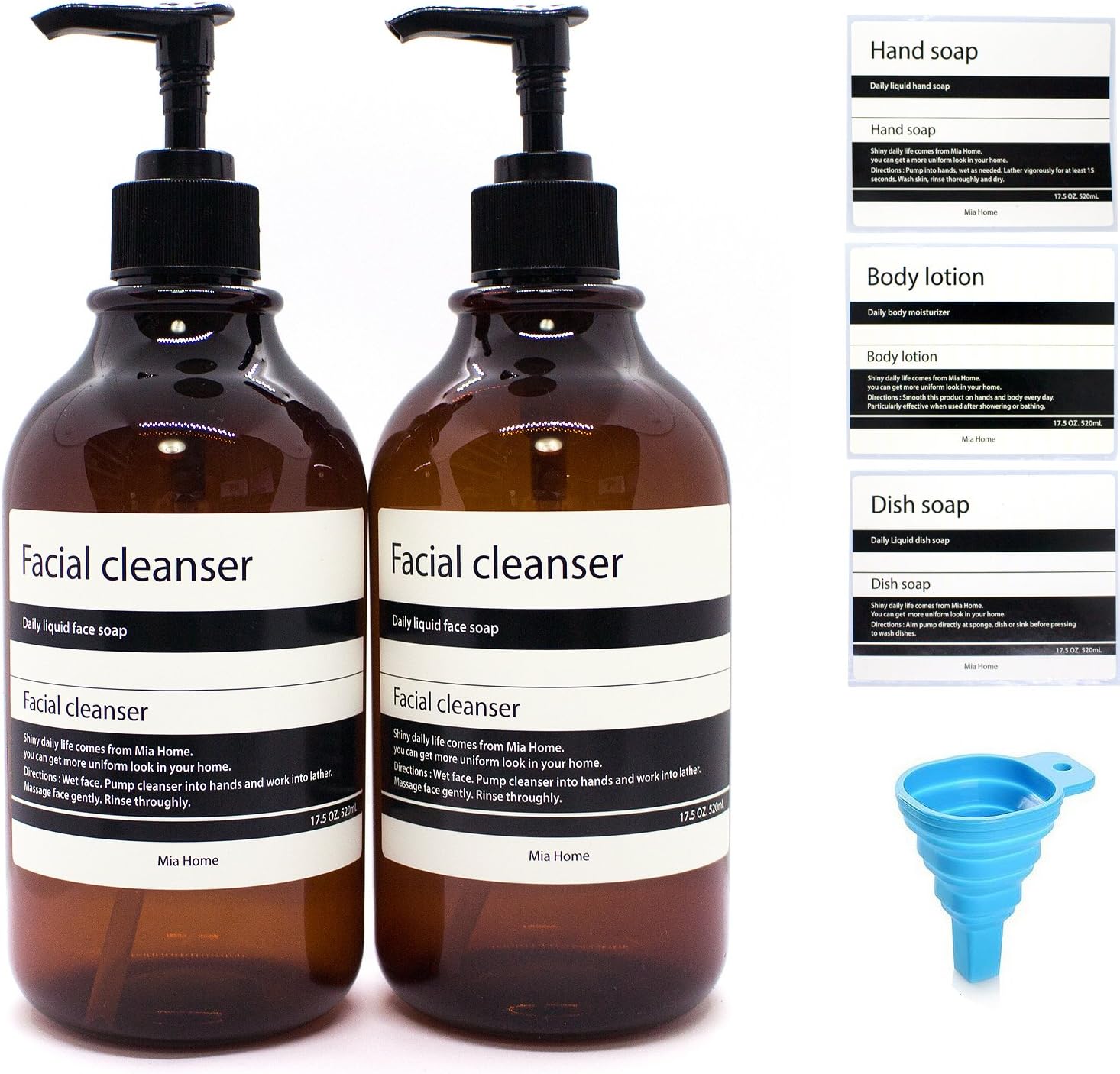 Mia home 17.5 oz Refillable Empty Amber PET Plastic Bottle Set - 2 Bottles of Facial Cleanser with Additional Labels (Body Lotion, Hand soap, Dish soap), Silcone Funnel