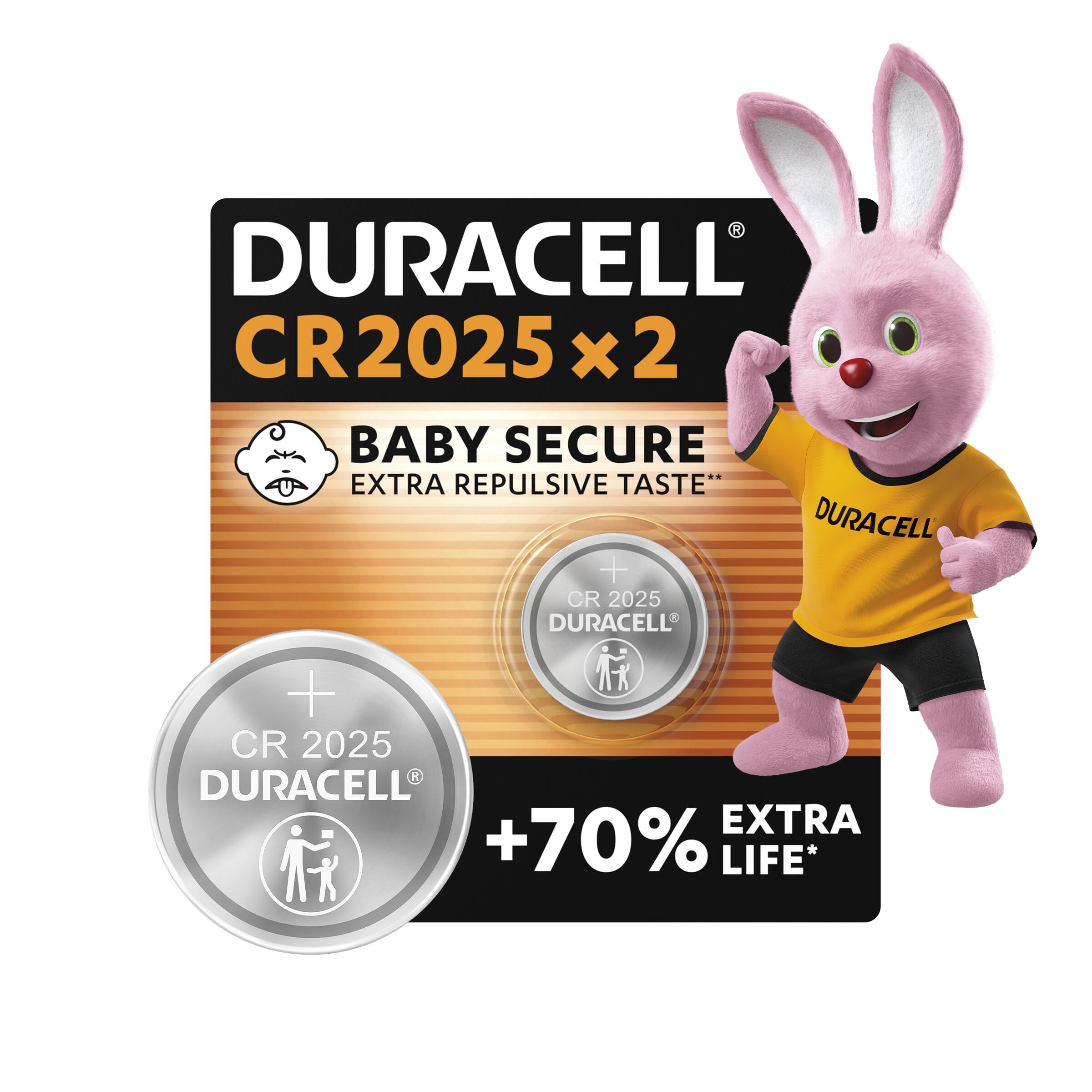 DURACELL 2025 Lithium Coin Batteries 3V (2 pack) - Up to 70% Extra Life - Baby Secure Technology - For Use in Key Fobs, Fitness Watches and 3D Glasses - Baby Secure Packaging