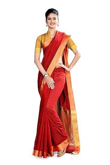 Uniform Sarees Womens Poly Cotton Saree With Blouse Piece(D.No-804/2019_Red_Yellow)