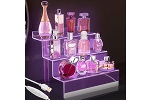 GOLENER Acrylic Display Organizer with Led Light - 3 Tier Perfume Stand & Display Step Shelves Holder, Cologne Organizer for Men, Figures Stand, Porta Perfumes Para Tocador, Clear Cupcake Riser, Dessert Shelf