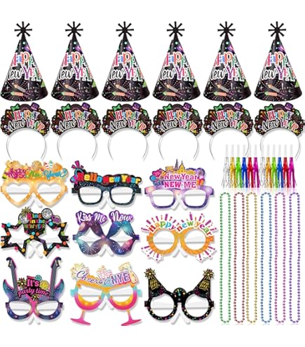 New Year's Eve Party Supplies - 48 Piece Set With Hats, Glasses & Noisemakers