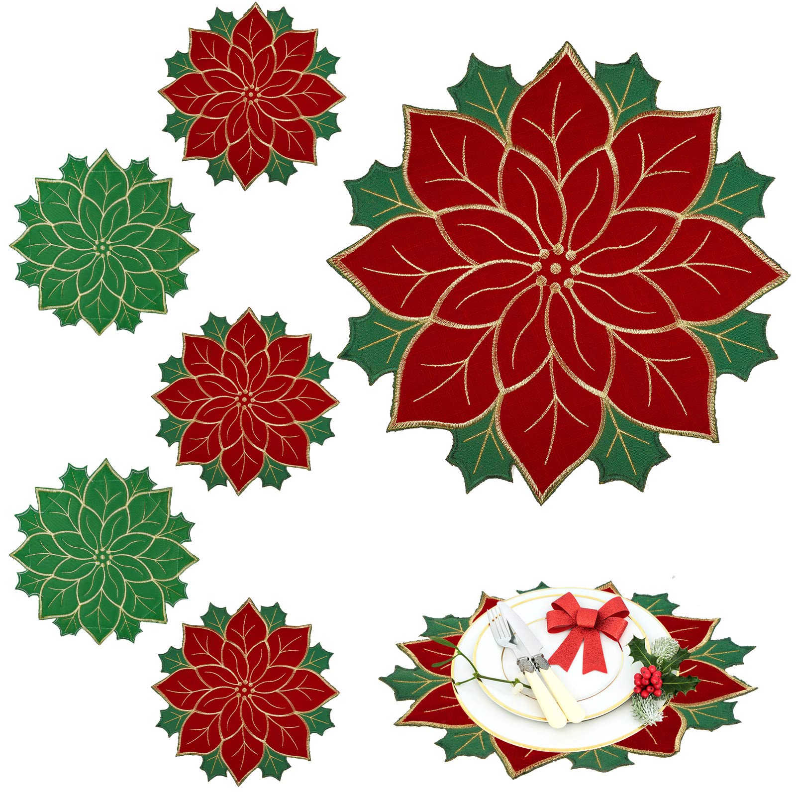Photo 1 of *USED*
Breling Christmas Poinsettia Placemats 16 Inch Round Red and Green Placemats Poinsettia Flower Table Mats Xmas Embroidered Table Mats Holiday Doilies for Dinner Home Party Decoration